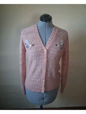 Vintage 70s Floral Cardigan Sweater, Acrylic Woolco Sz S Stretchy Retro Coquette